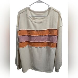 NEW Medium Boho Cream Top with Orange and Pink Stripes